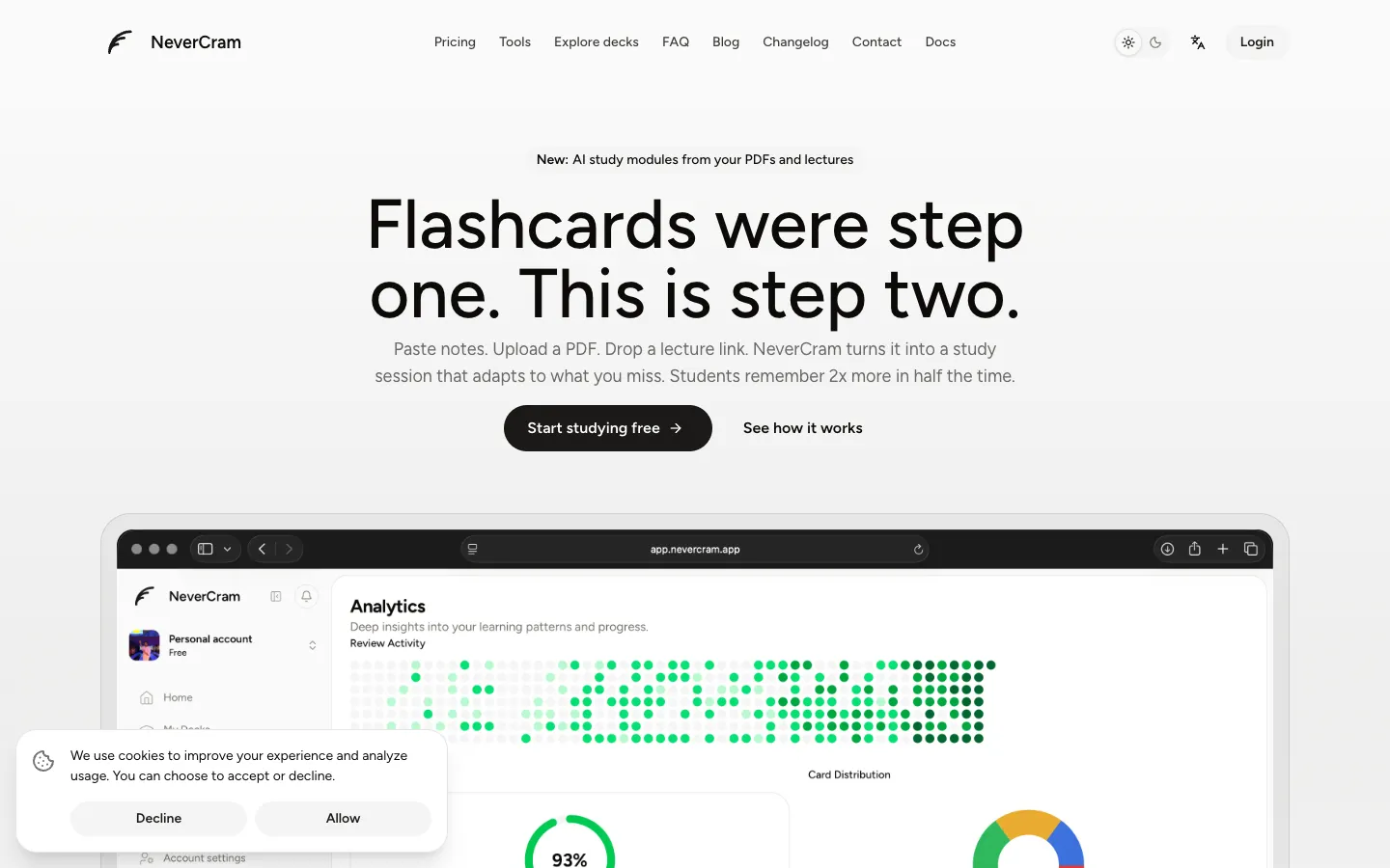 NeverCram home page: Flashcards were step one. This is step two.
