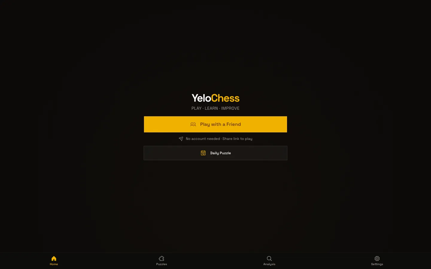 YeloChess home screen: Play with a friend, no account needed.